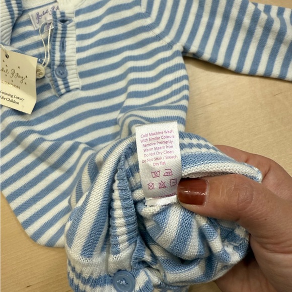 Rachel Riley Baby Boy Striped Babysuit 6M Blue Ivory Knit Long Sleeve Outfit - Picture 5 of 8